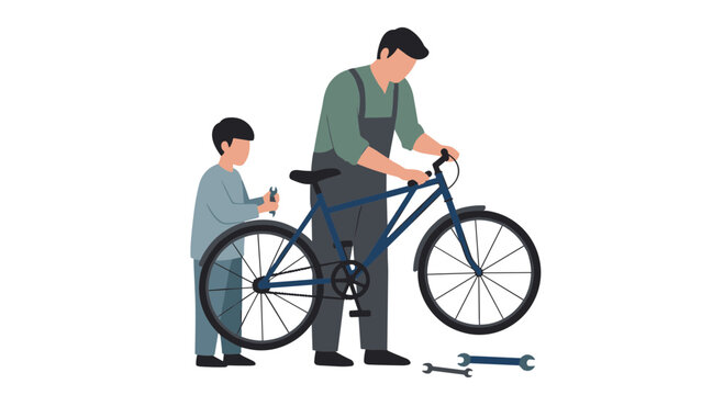 Father and Son Repairing a Blue Bicycle Together in a Flat Pixelated Illustration with Tools and Beige Background