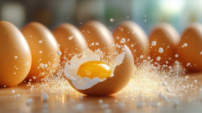 Close-up of a cracked egg with a bright yolk surrounded by sparkling droplets, placed on a wooden surface with a row of whole brown eggs blurred in the background