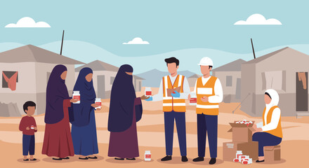 Humanitarian Aid Distribution Scene With Volunteers Giving Support To Refugees Outside Tents