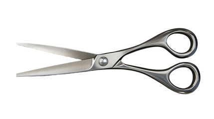 Obraz premium Open silver scissors with serrated blades isolated on transparent background for cutting hair or paper in a studio shot