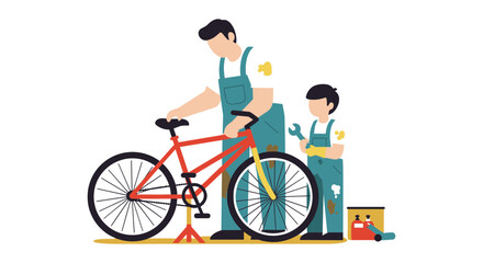 Fototapeta premium Father And Son Repairing Red Bicycle In Workshop Flat Illustration With Yellow Background