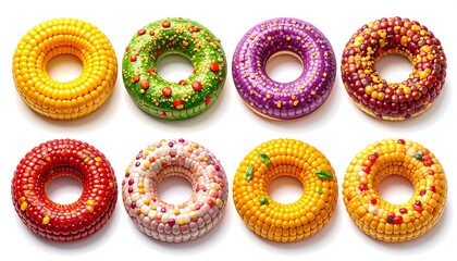 Colorful corn-based donuts arranged