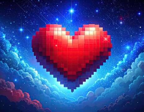 Pixelated heart in starry night sky