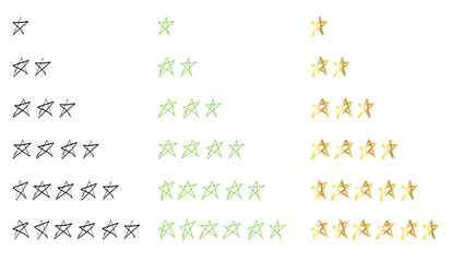 hand drawn star ratings from one to seven in black green and golden colors, vector illustration 