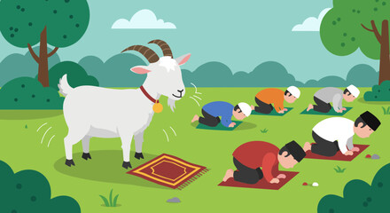 Obraz premium White Goat Watching Group Of People Praying On Their Knees In A Green Field Under Trees Flat Illustration