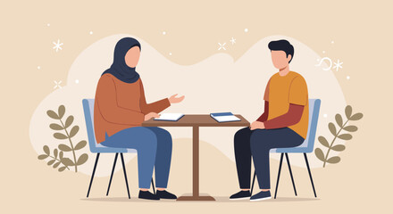 Flat Illustration of Two People Sitting at a Table Having a Business Meeting Wearing Casual Attire on a Neutral Background