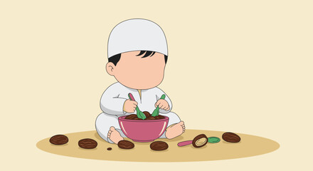 Flat Illustration Of A Young Muslim Boy Eating Dates From A Pink Bowl On A Beige Background