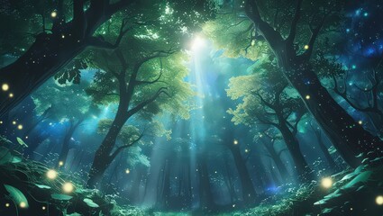 A view from below of a forest with sunlight streaming through the canopy and glowing orbs floating around
