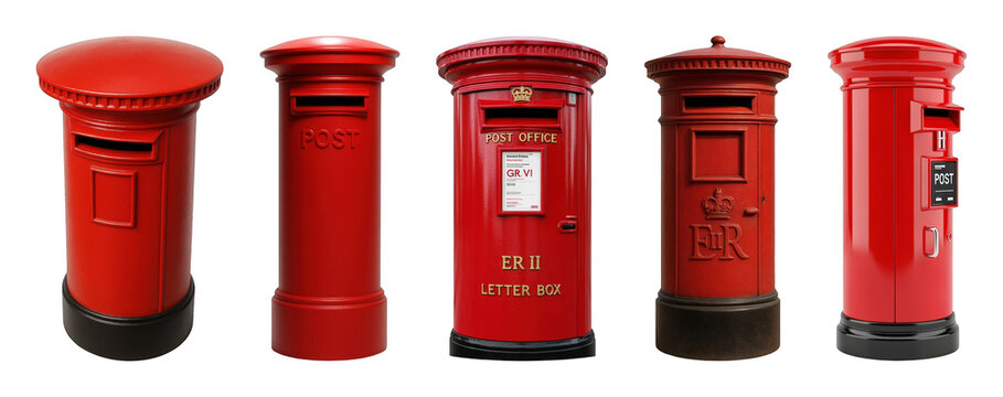 British pillar and letter box set including various historical designs, George VI, and Elizabeth II ciphers isolated. UK mail service and communication collection.