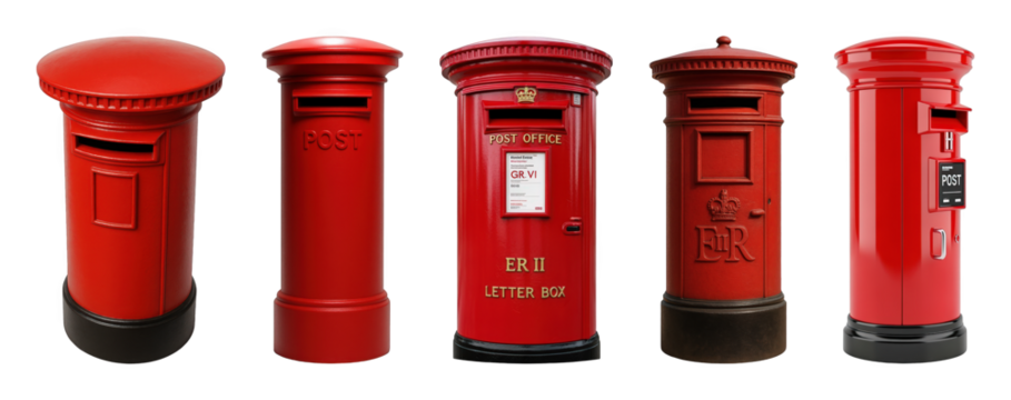 British pillar and letter box set including various historical designs, George VI, and Elizabeth II ciphers isolated. UK mail service and communication collection.