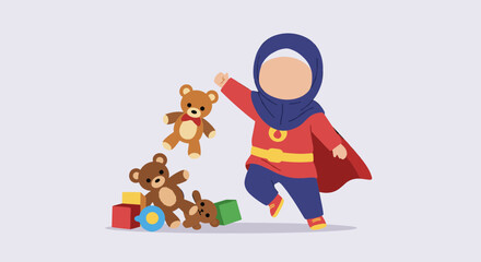 Obraz premium Pixelated Illustration Of A Young Muslim Child In A Superhero Outfit Playing With Teddy Bears And Colorful Blocks