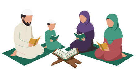 Pixel Art Muslim Family Reading Holy Book Together on Green Mats with Blue Background