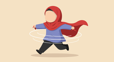 Pixelated Illustration Of A Muslim Superheroine Running With Red Cape And Blue Outfit On Beige Background