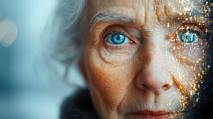 Close-up portrait of an elderly person with striking blue eyes and deep wrinkles, partially overlaid with glowing city lights reflecting a sense of contemplative introspection