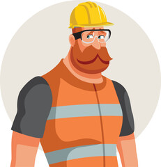 Strong Construction Worker Wearing Hard Hat and Glasses Vector Cartoon. Man working in the construction industry with protective work gear on building site
