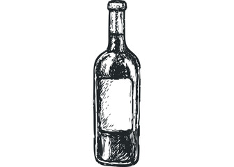 Hand drawn sketch of a wine bottle with blank label on transparent background. Vector hand drawn illustration