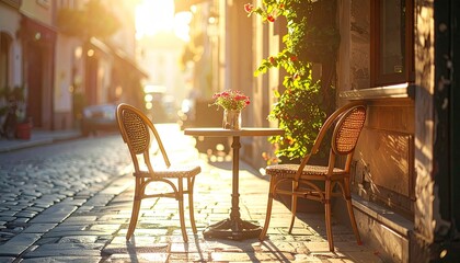 Sunny caf? table on cobblestone street