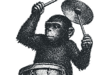 Chimpanzee playing drums and cymbal, monochrome stippling graphic. Vector hand drawn illustration