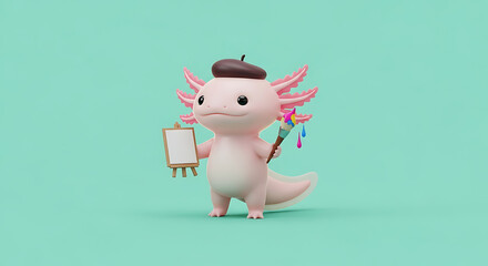 Adorable 3D cartoon axolotl artist with paintbrush and easel against a teal background