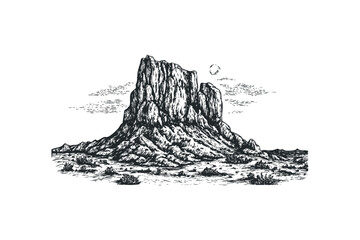 Rugged rock formation with sparse desert vegetation and a circular sun. Vector hand drawn illustration