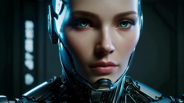 Futuristic female humanoid robot with realistic face and cybernetic body 
