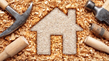 Home design crafted from wood shavings and tools.