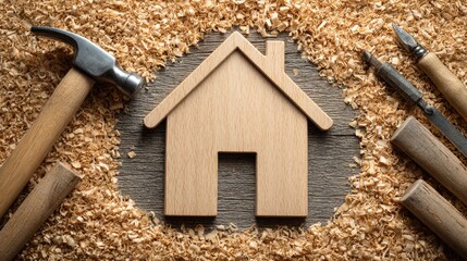 Wooden house model surrounded by carpentry tools and sawdust.