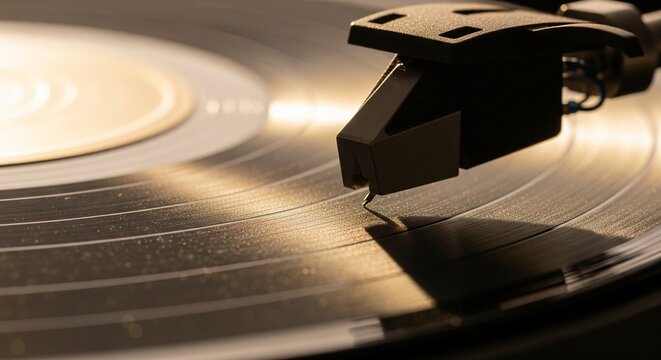 Close-up of a vintage vinyl record spinning on a turntable with a stylus dropping into the grooves, evoking classic analog music and warm nostalgic sounds.