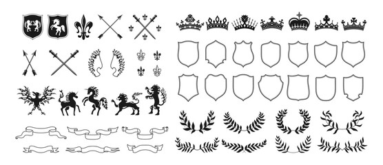 Heraldic crest or coat of arms vector set. Heraldry elements animals unicorn, lion, eagle, wings, swords and arrows, ribbons, wreaths, crowns, heraldic lily flower. Medieval emblems fantasy kingdom © neliakott