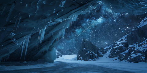 Mystical ice cave entrance with frozen stalactites and starry night sky