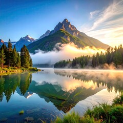 Obraz premium Serene mountain lake at sunrise. Misty reflection