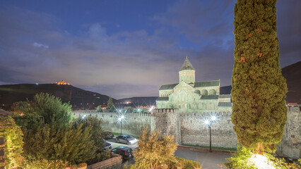 The Svetitskhoveli Cathedral aerial day to night timelapse. Mtskheta, Georgia