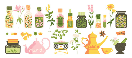 Ayurveda medicine cartoon set. Flat medical ayurvedic vector illustration. Medicine bottle with pills capsules vitamin, cosmetics. Tincture tea and teapot cup, ginger and spices. Herbs and flowers