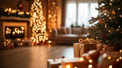 Cozy living room adorned with a beautifully decorated Christmas tree and glowing lights, creating a warm holiday ambiance perfect for family gatherings and festivities.