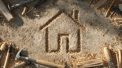 Home symbol drawn in sawdust with carpentry tools.