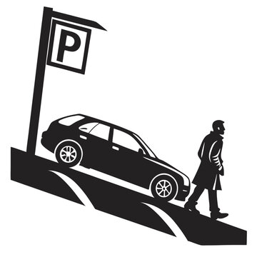Black and white illustration of a person walking past a car and a parking sign Keywords: parking, car, sign, P, automobile, vehicle, transport, transportation, road, street, urban, city, traffic
