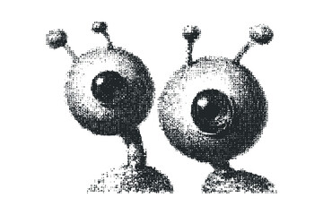 Halftone alien creature with antennae image. Vector hand drawn illustration