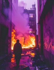 Urban fire scene, vibrant colors