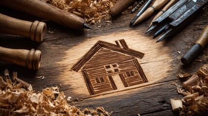 House carved into a wooden surface with woodworking tools.