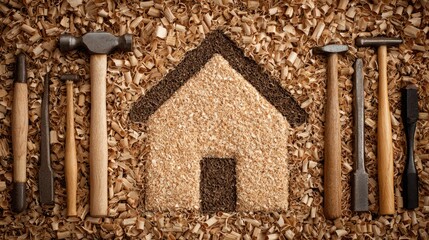 Wood chips arranged to form a house shape with carpentry tools.