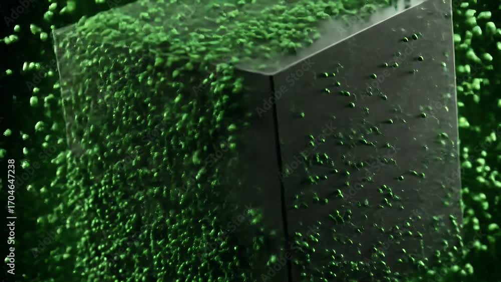 Poster 3d abstract black cube with green particles and bubbles on dark background