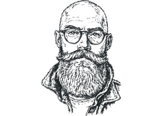 Pencil sketch of a bald man with glasses and a large beard. Vector hand drawn illustration