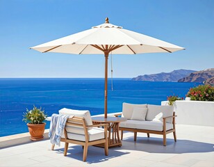 Outdoor patio set with umbrella overlooking the sea
