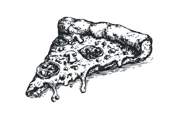 Sketch of a delicious slice of pizza with melted cheese and toppings. Vector hand drawn illustration
