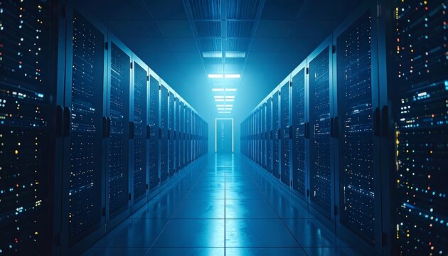 Server room interior, glowing blue light - Powered by Adobe