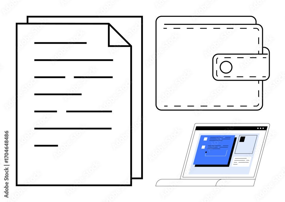 Poster documents, wallet, and laptop screen with digital interface highlight transaction security and file 