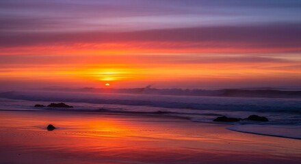Vibrant sunset paints the sky in fiery orange, pink, and purple hues over a tranquil ocean.