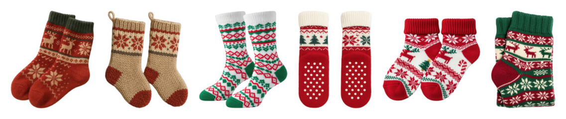 Christmas socks set including fair isle, reindeer, snowflake, and tree patterns isolated. Winter apparel and holiday gift collection.