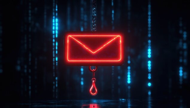 glowing red neon envelope icon suspended in dark digital background with blue binary code lights, concept of email phishing or cyber threat - Powered by Adobe