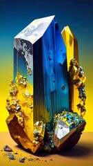 Colorful mineral cluster on a yellow-gold surface